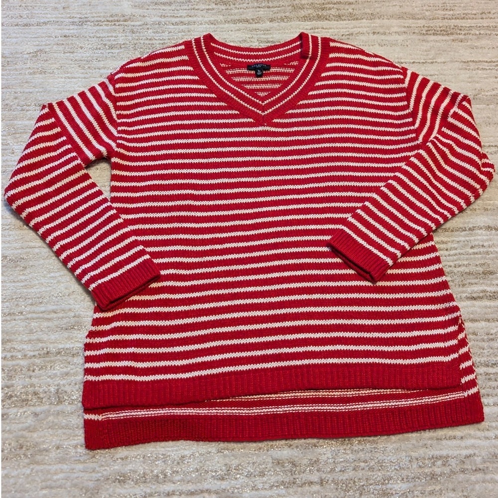 Talbots Sweater Womens Sz S Petite V Neck Striped Linen Cotton Nautical Beach
